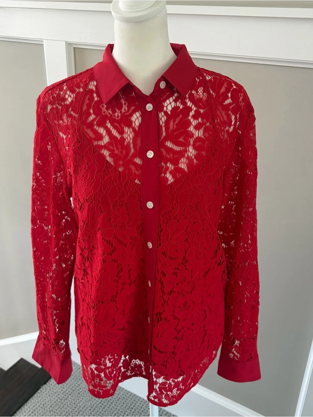 J. Crew Red Lace Button-Front Blouse with Matching Camisole Set.